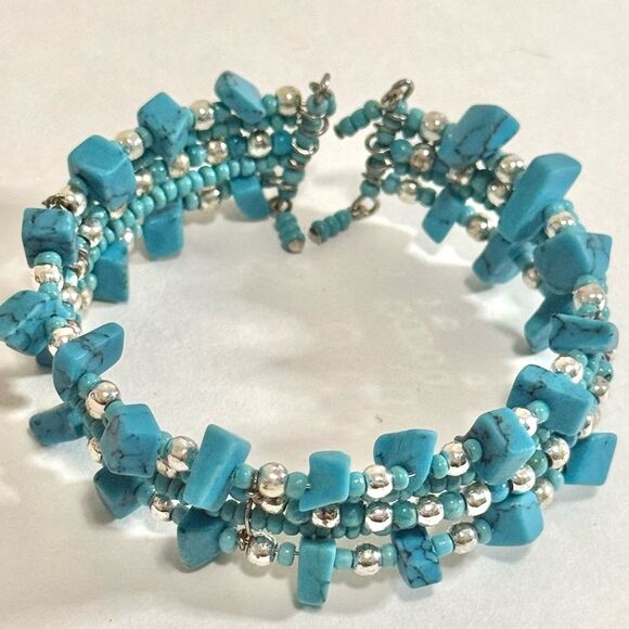 Turquoise Wide Chunky Multi-Strand Beaded Coiled Bangle Bracelet, Stretchy - Picture 6 of 9